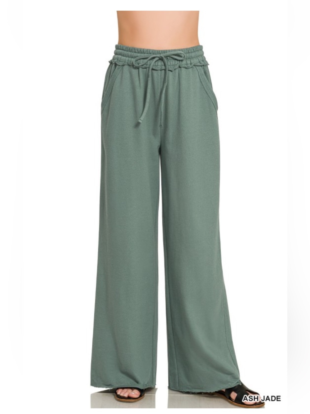 Zenana Women’s NWT 100% Cotton French Terry Wide Leg Pants - Ash Jade | S-L - Picture 1 of 6